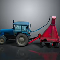 Blue Farm Tractor Pulling Red Agricultural Implement For Field Work