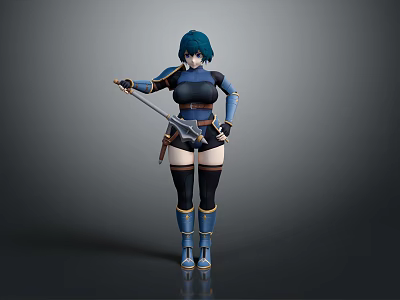 Game and Movie Character with Blue Hair Armored Outfit holding Weapon in Combat Style 3d model