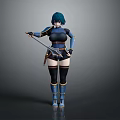 Game and Movie Character with Blue Hair Armored Outfit holding Weapon in Combat Style