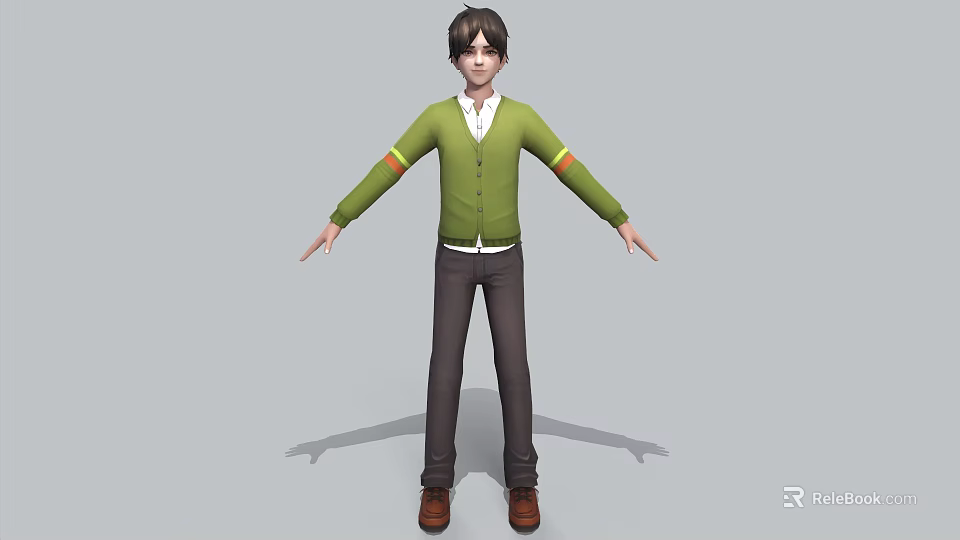 A man in green cardigan white shirt brown pants brown shoes with arms outstretched 3d model 