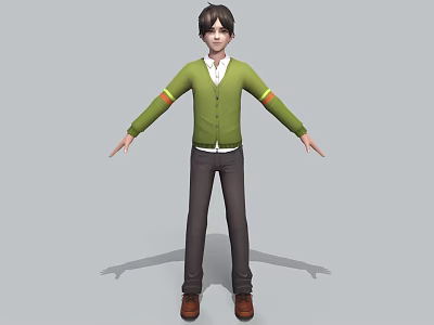 A man in green cardigan white shirt brown pants brown shoes with arms outstretched 3d model