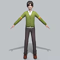 A man in green cardigan white shirt brown pants brown shoes with arms outstretched