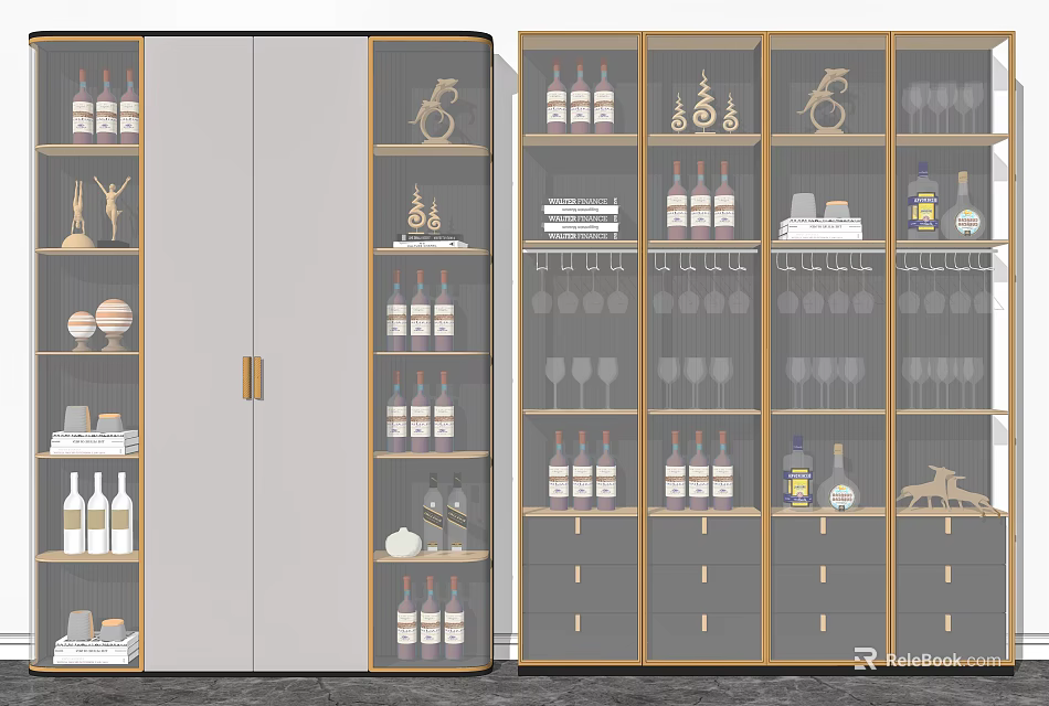 Elegant Wine Cabinet With Gold Trim Glass Shelves Wine Bottles And Decorative Items 3d model 