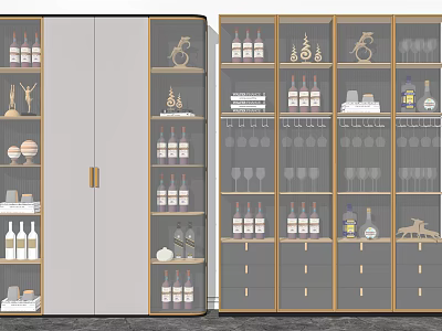 Elegant Wine Cabinet With Gold Trim Glass Shelves Wine Bottles And Decorative Items 3d model