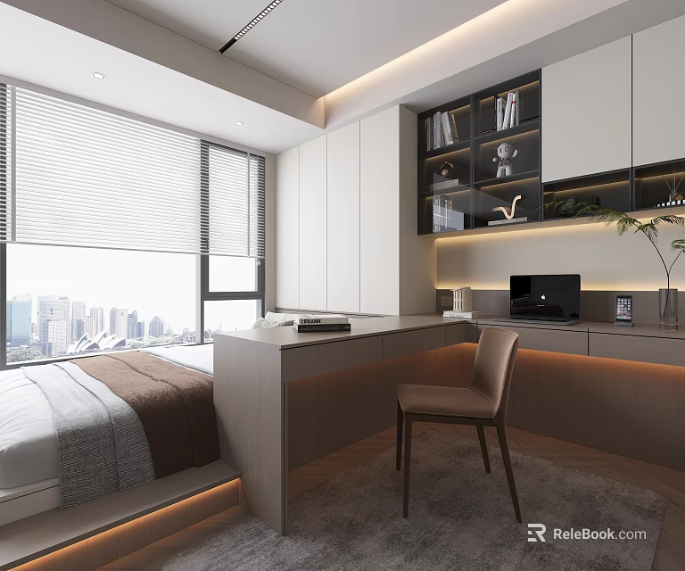 Modern Tatami Bedroom Interior With Tatami Bed Desk Chair Storage Cabinets And City View Window 3d model 