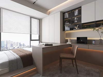 Modern Tatami Bedroom Interior With Tatami Bed Desk Chair Storage Cabinets And City View Window 3d model