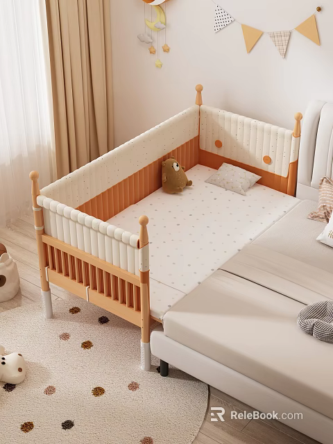 Wooden Kids Bed Design With Safety Railings Dot Pattern Mattress And Stuffed Bear Pillow 3d model 