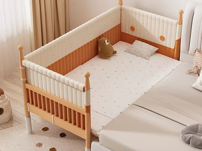 Wooden Kids Bed Design With Safety Railings Dot Pattern Mattress And Stuffed Bear Pillow 3d model