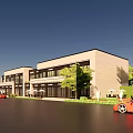 Modern Commercial Street Featuring Glass Facade Multiple Buildings And Open Lawn