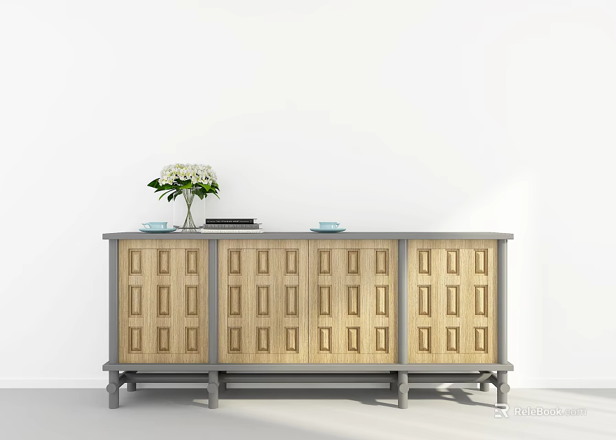 Modern Entryway Console Sideboard Cabinet With Wooden Pattern Doors Green Vase And Books 3d model 