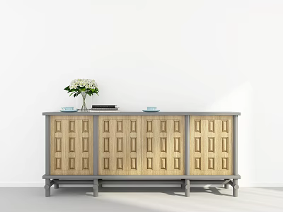 Modern Entryway Console Sideboard Cabinet With Wooden Pattern Doors Green Vase And Books 3d model