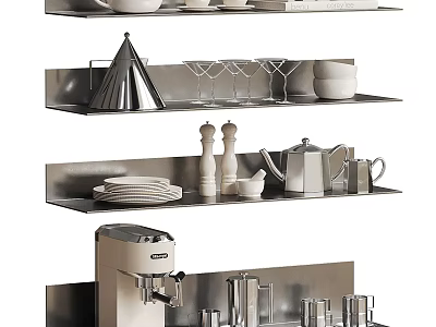 Modern Dinnerware Set Display On Metal Shelves With Plates Cups Coffee Maker And Pepper Mills 3d model