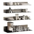 Modern Dinnerware Set Display On Metal Shelves With Plates Cups Coffee Maker And Pepper Mills