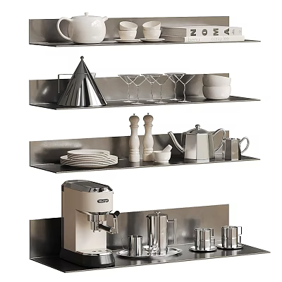 Modern Dinnerware Set Display On Metal Shelves With Plates Cups Coffee Maker And Pepper Mills 3d model