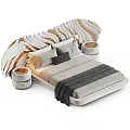 Luxury Modern Bed With Sculptural Gold Accent Headboard Soft Pillows And Blanket