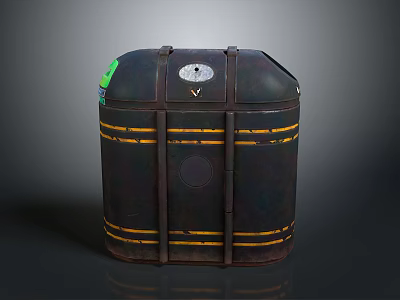 Industrial Dark Metal Cylindrical Tank With Yellow Stripes Green Label And Top Gauge 3d model