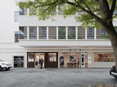 Modern Storefront Facade Design With Glass Doors Wooden Accents Trees And Pedestrians 3d model