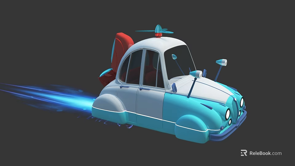 Cartoon Style Blue And White Vehicle With Red Seat Helicopter Propeller And Blue Jet Trail 3d model 