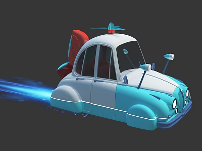 Cartoon Style Blue And White Vehicle With Red Seat Helicopter Propeller And Blue Jet Trail 3d model