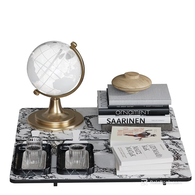 Stylish Decorative Ornament Combination with Gold Stand Globe Stacked Books Lid Container and Marble Tray 3d model 