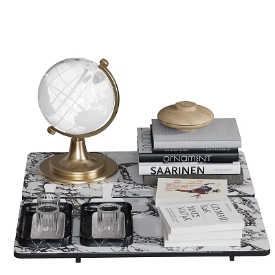 Stylish Decorative Ornament Combination with Gold Stand Globe Stacked Books Lid Container and Marble Tray 3d model