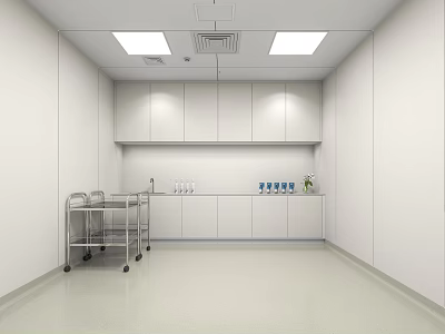 White Medical Room With Cabinetry Stainless Steel Cart Sink Countertop Ceiling Lights And Ventilation 3d model