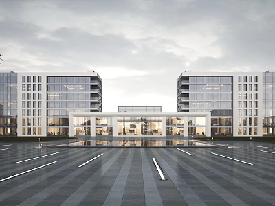 Modern Twin Tower Architecture With Central Connector Spacious Front Plaza Neat Lines And Cloudy Sky 3d model