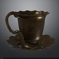 Vintage Copper Cup With Textured Surface Curved Handle And Petal Edge Saucer