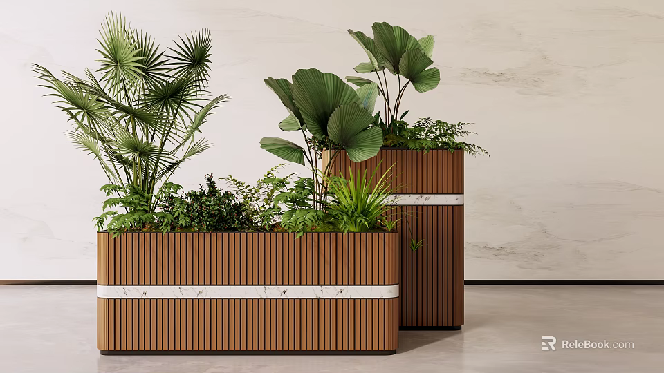 Modern Plant Combination in Wooden Planters with Large Leafy Plants and Palm Greenery 3d model 