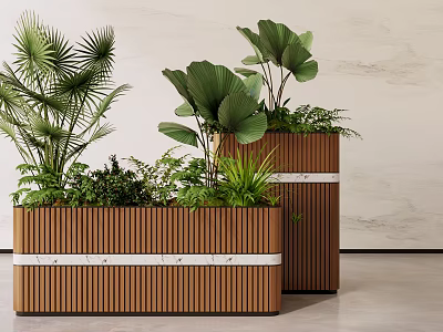 Modern Plant Combination in Wooden Planters with Large Leafy Plants and Palm Greenery 3d model