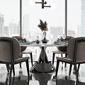 Modern Dining Table Set With Chairs Pendant Light And City View Through Large Windows 3d model