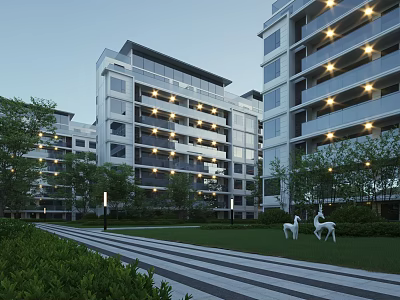 Modern Residential Building Featuring Illuminated Balconies Surrounded by Green Lawn Trees and Sculptures 3d model