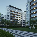 Modern Residential Building Featuring Illuminated Balconies Surrounded by Green Lawn Trees and Sculptures