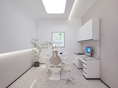 Modern Dental Clinic Interior With White Cabinets Dental Chair Computer And Green Plant 3d model