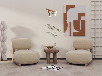 Modern Minimalist Casual Sofa Set With Beige Fabric Wooden Coffee Table And Abstract Wall Art 3d model