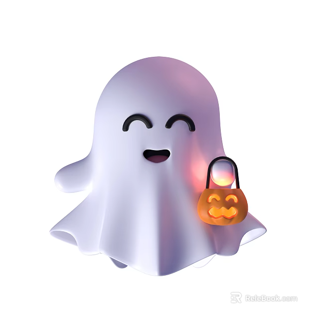 Smiling Cartoon Ghost Game And Movie Character With Pumpkin Lantern 3d model 