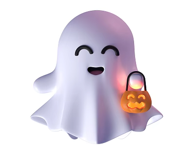 Smiling Cartoon Ghost Game And Movie Character With Pumpkin Lantern 3d model