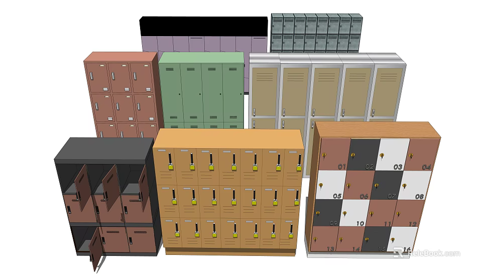 Various Colored Lockers With Open And Closed Doors And Different Designs 3d model 