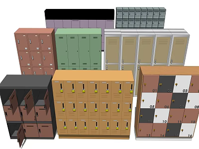 Various Colored Lockers With Open And Closed Doors And Different Designs 3d model