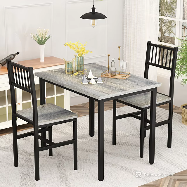 Modern Restaurant Dining Area With Gray Marble Table Black Chairs And Decorative Floral Vases 3d model 