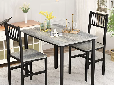 Modern Restaurant Dining Area With Gray Marble Table Black Chairs And Decorative Floral Vases 3d model
