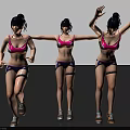 Women in pink sports bra and purple shorts doing different fitness poses with sneakers
