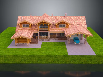 Cartoon Style Wooden House Scene With Red Roof Green Lawn Blue Car And Front Porch 3d model