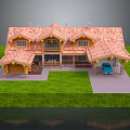 Cartoon Style Wooden House Scene With Red Roof Green Lawn Blue Car And Front Porch