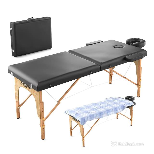 Black Folding Massage Table With Wooden Legs Carry Case Stool And Headrest 3d model 