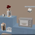 Modern Kitchen Microwave Oven With Pizza On Light Blue Shelf And Red Flowers