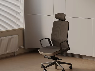Modern Office Chair With Backrest Armrests And Swivel On Wooden Floor White Walls White Blinds 3d model