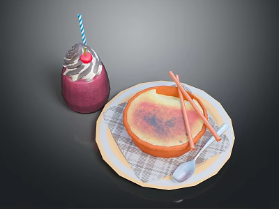Creamy Crème Brûlée And Purple Smoothie With Cherry Topping Striped Straw Checkered Napkin And Spoon 3d model