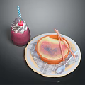 Creamy Crème Brûlée And Purple Smoothie With Cherry Topping Striped Straw Checkered Napkin And Spoon