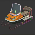 Orange Snowmobile Style Recreational Ride With Transparent Windshield Brown Seat Tracks And Skis